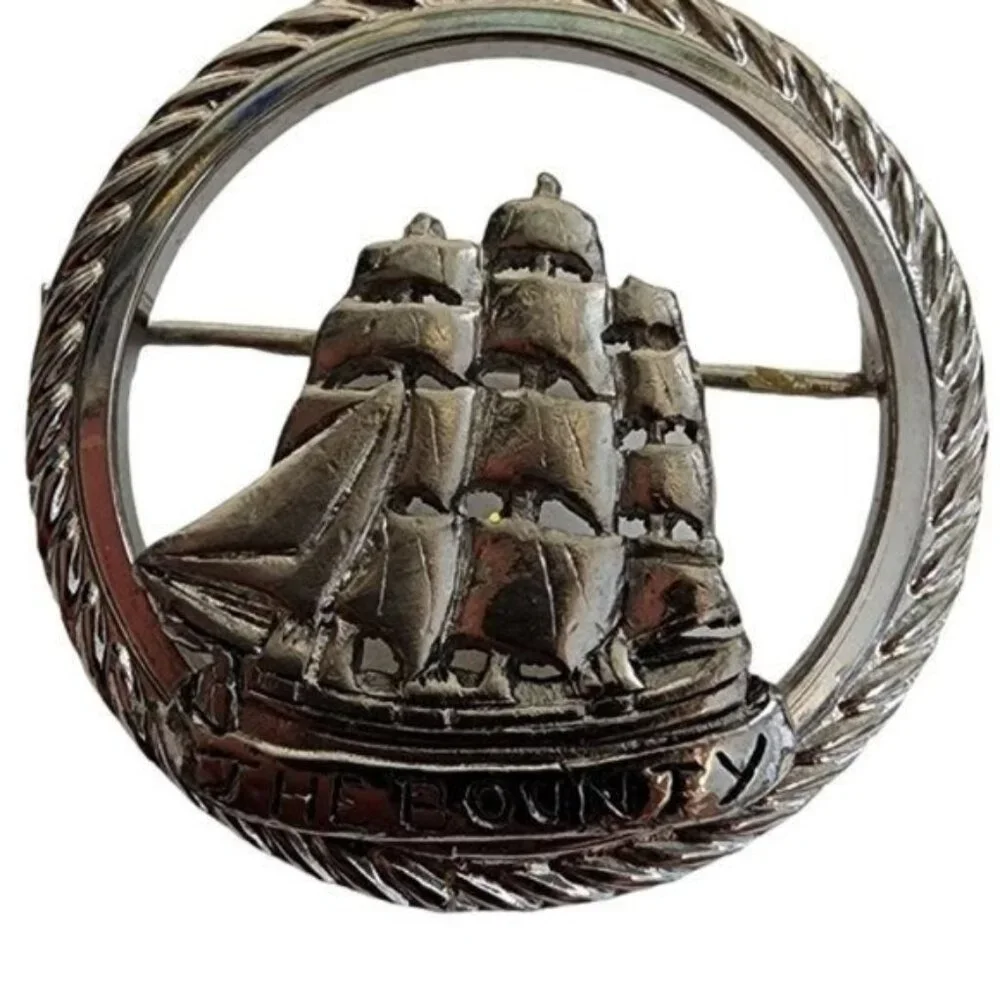Vintage Silver Tone Round The Bounty Ship Boat signed MGM Brooch‎ Pin
